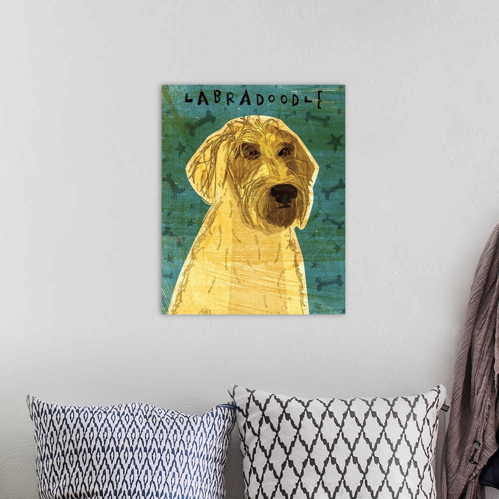 A bohemian room featuring Yellow Labradoodle
