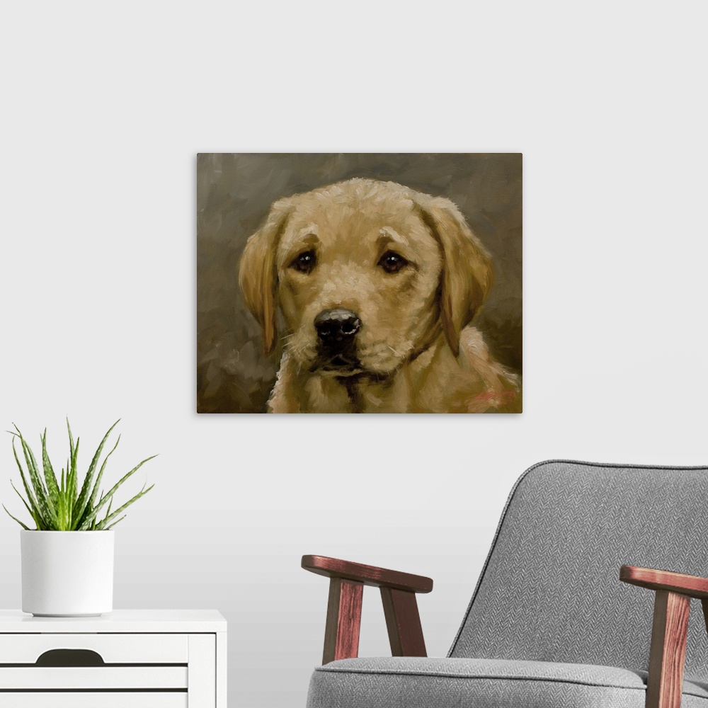 A modern room featuring Contemporary painting of a yellow labrador retriever.