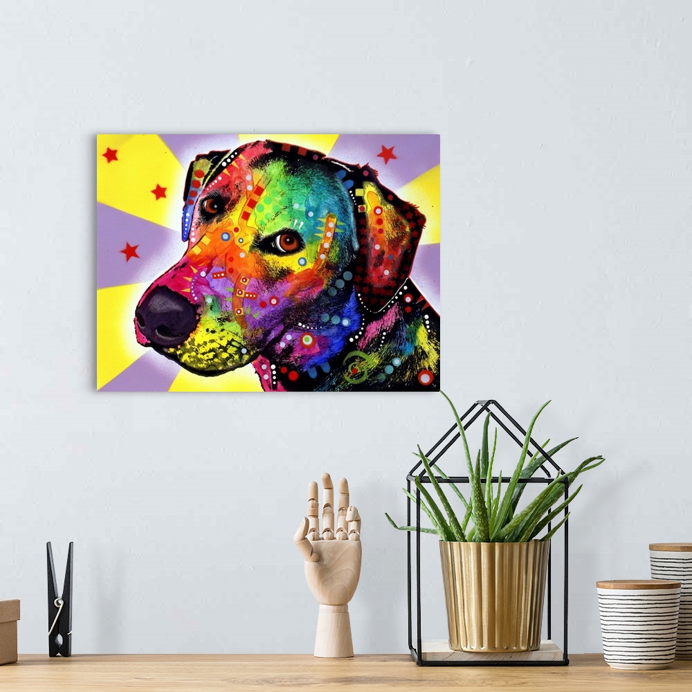 A bohemian room featuring Contemporary stencil painting of a labrador retriever mix filled with various colors and patterns.
