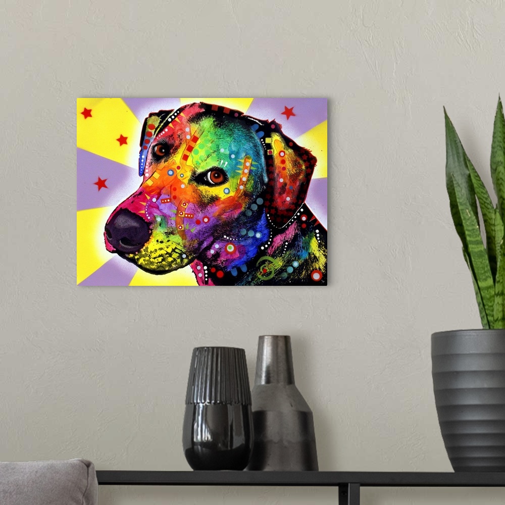 A modern room featuring Contemporary stencil painting of a labrador retriever mix filled with various colors and patterns.
