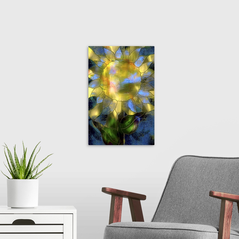 A modern room featuring Yellow Sunflower, stained glass effect