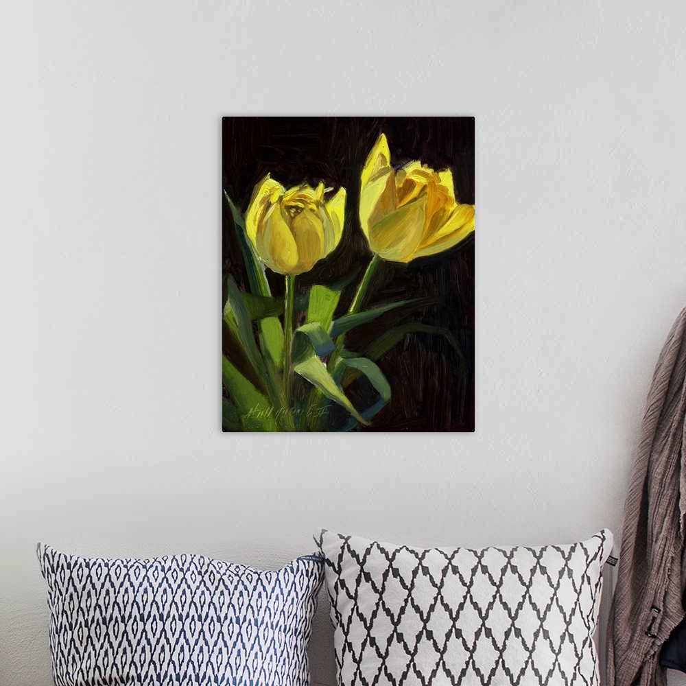 A bohemian room featuring Contemporary still-life painting of yellow tulips.