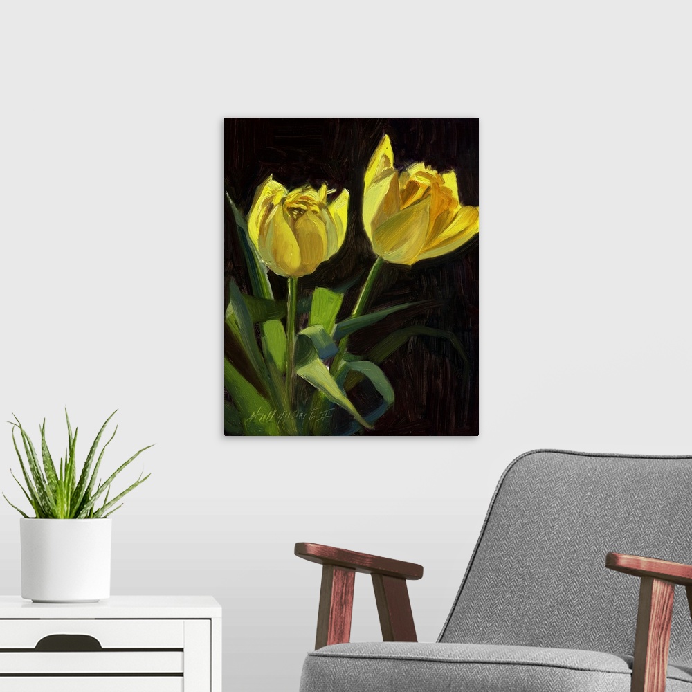 A modern room featuring Contemporary still-life painting of yellow tulips.