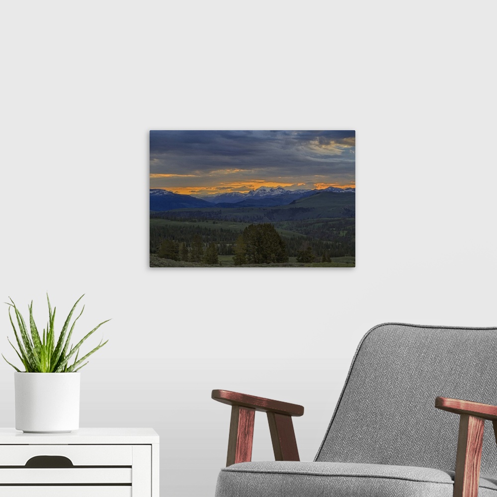A modern room featuring Photograph of the Yellowstone national park scenery at sunrise.