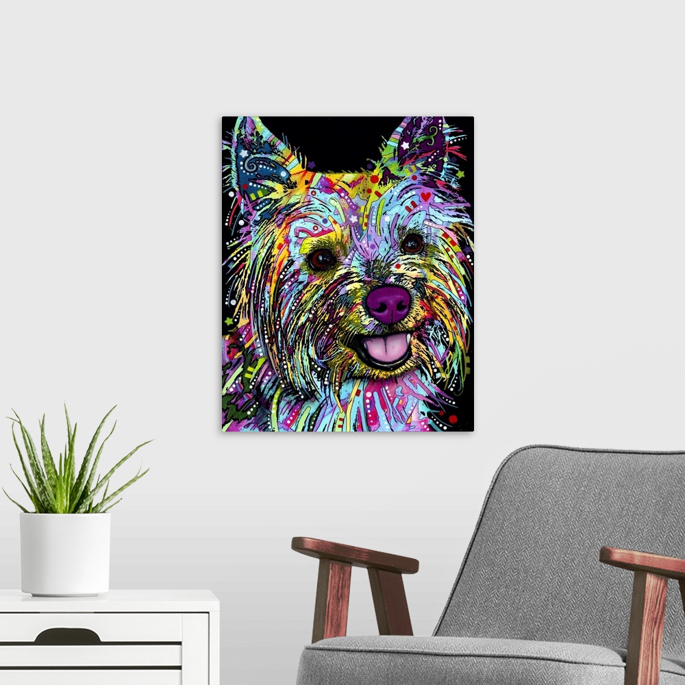A modern room featuring Colorful painting of a Yorkie with graffiti-like designs all over on a black background.