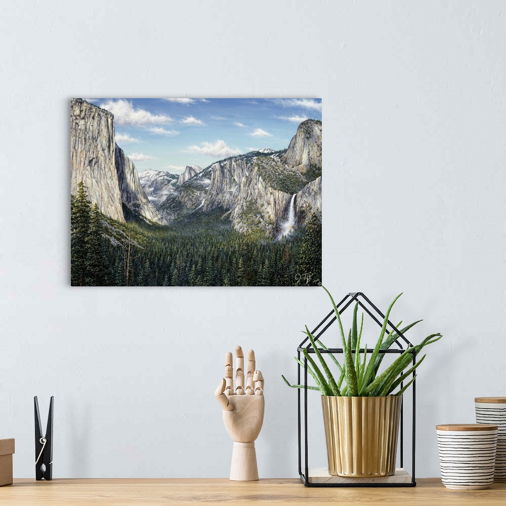 A bohemian room featuring Yosemite Valley- mountains and valley filled with pine trees, a waterfall is coming off the rock ...