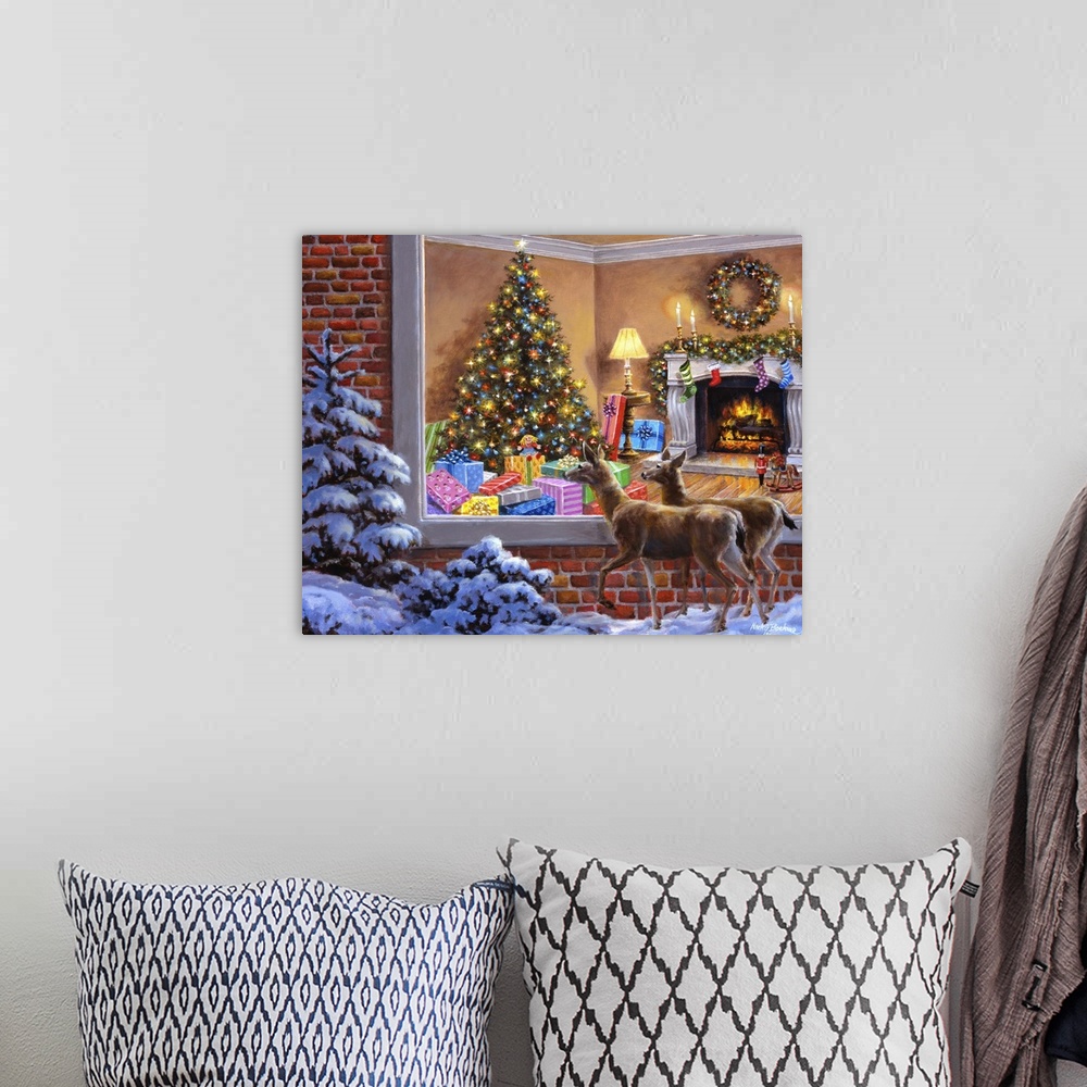 A bohemian room featuring Painting of an indoor scene featuring a large Christmas tree. Product is a painting reproduction ...