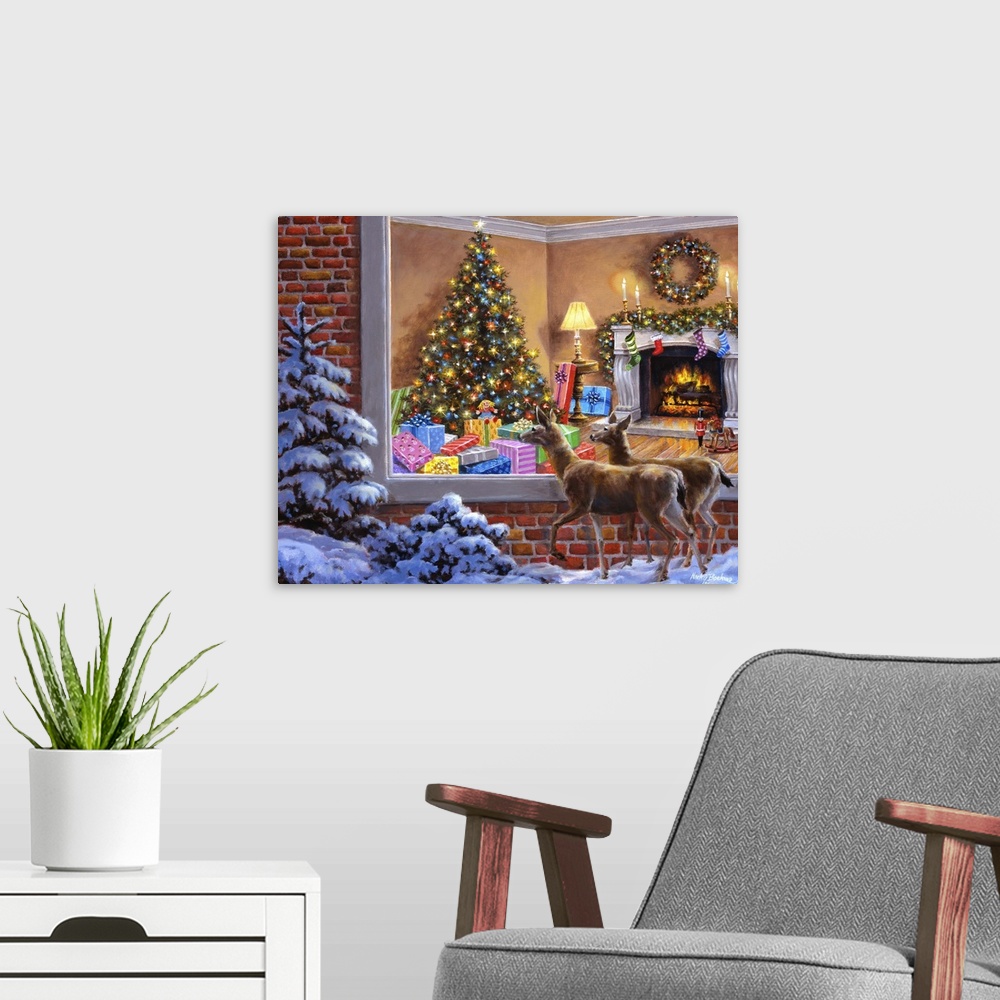 A modern room featuring Painting of an indoor scene featuring a large Christmas tree. Product is a painting reproduction ...