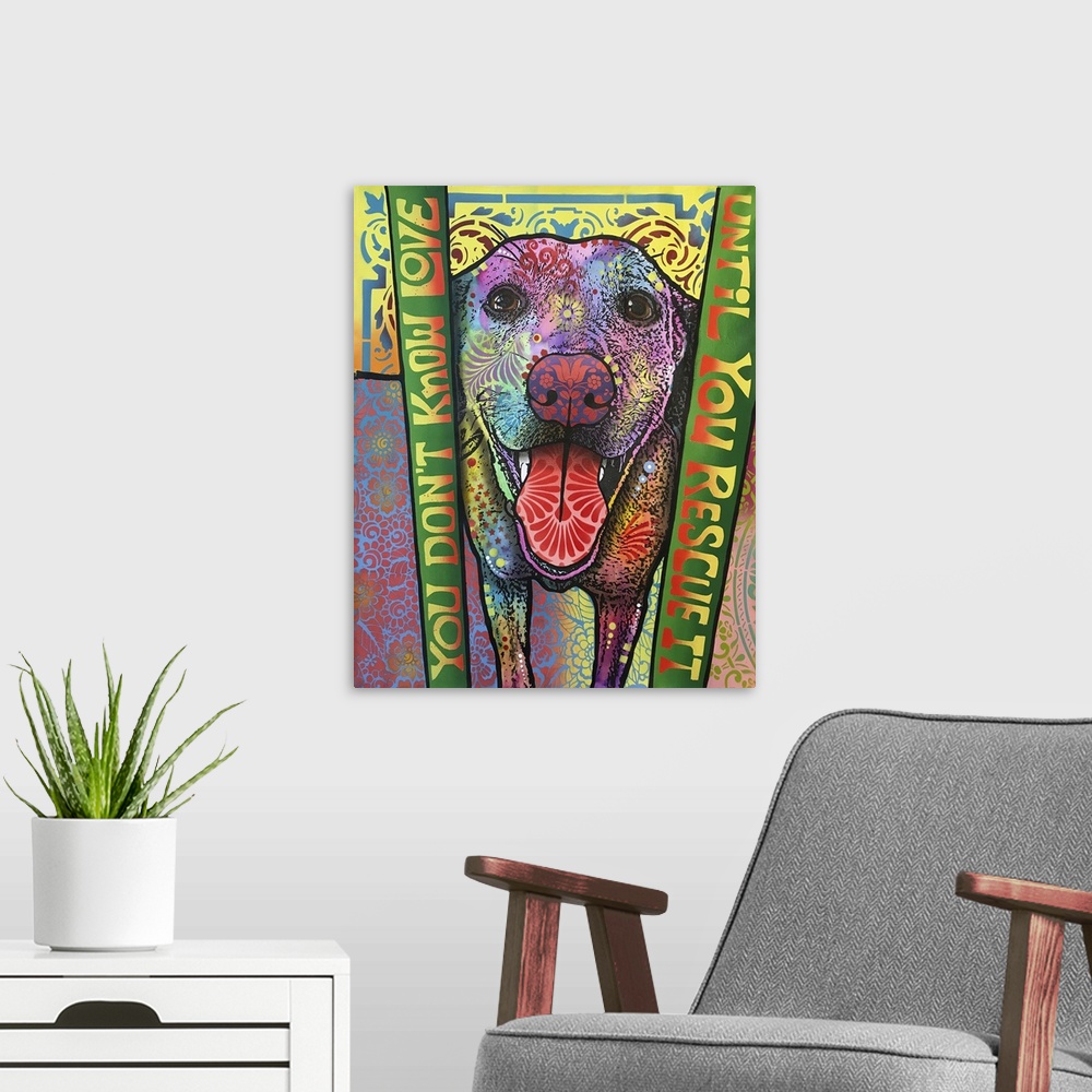 A modern room featuring Dog artwork in a graffiti style with text on both sides that reads "You Don't Know Love Until You...