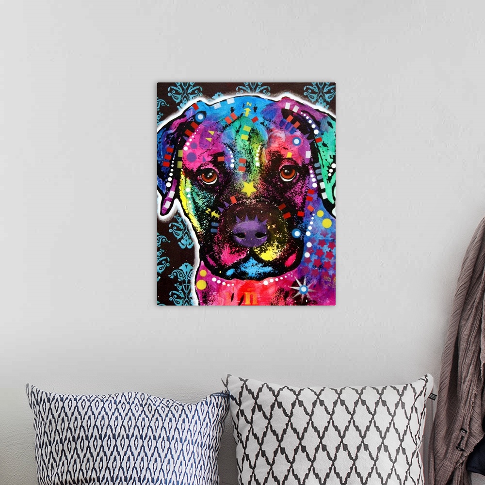 A bohemian room featuring Contemporary stencil painting of a bullmastiff filled with various colors and patterns.