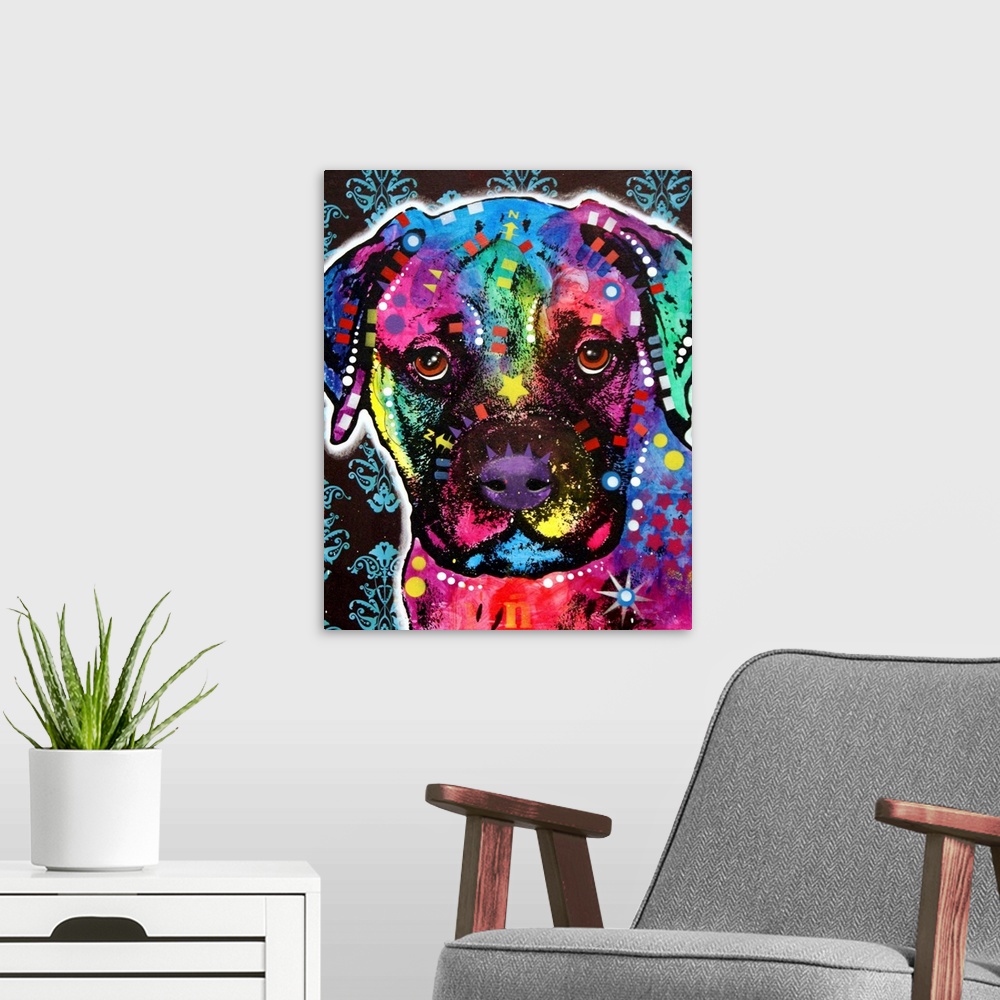 A modern room featuring Contemporary stencil painting of a bullmastiff filled with various colors and patterns.