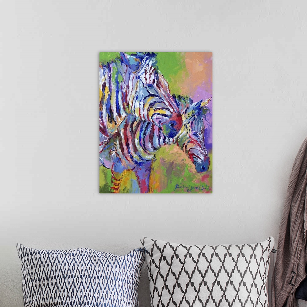 A bohemian room featuring Contemporary vibrant colorful painting of two zebras.