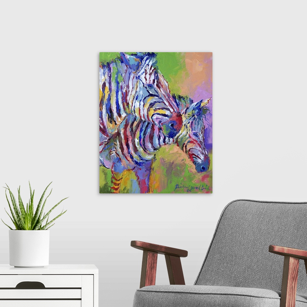 A modern room featuring Contemporary vibrant colorful painting of two zebras.
