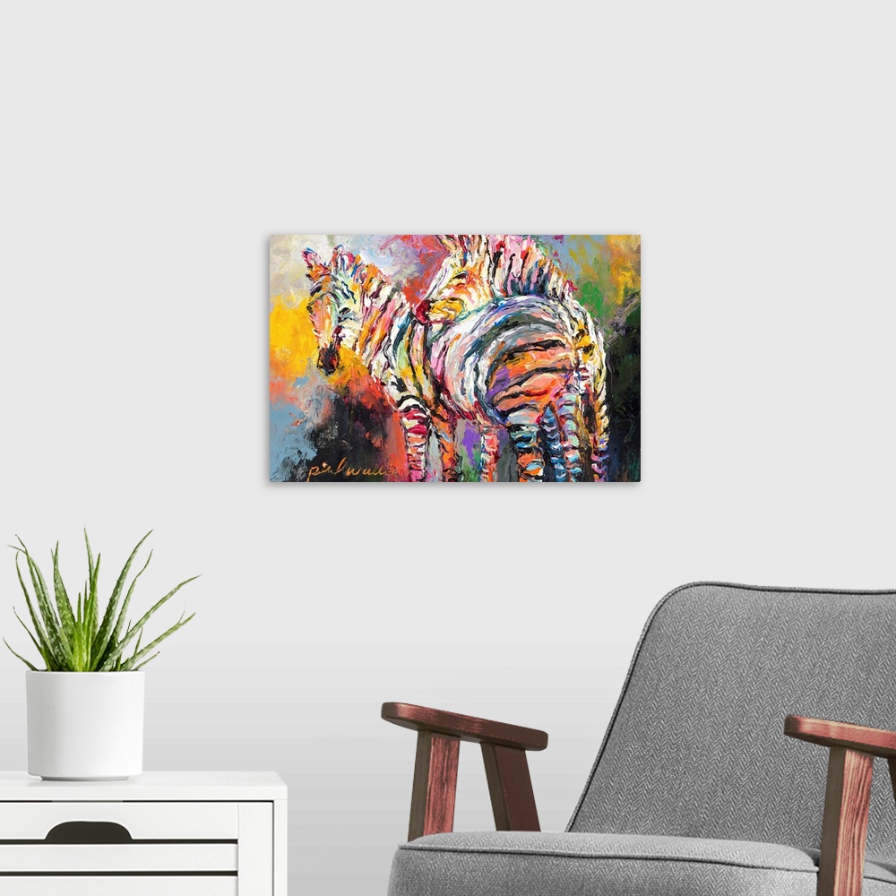 A modern room featuring Abstract painting of two colorful zebras leaning on each other.