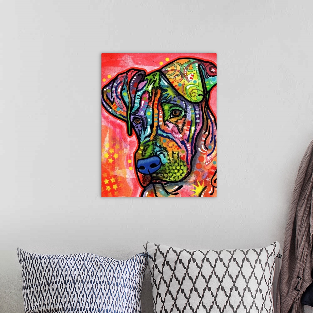 A bohemian room featuring Contemporary art with a colorful dog covered in unique designs.