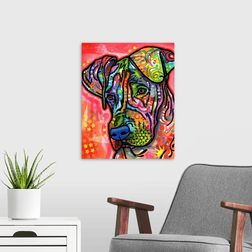 A modern room featuring Contemporary art with a colorful dog covered in unique designs.