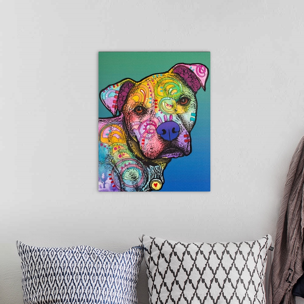 A bohemian room featuring Colorful illustration of a pit bull with abstract designs all over its body on a green and blue b...