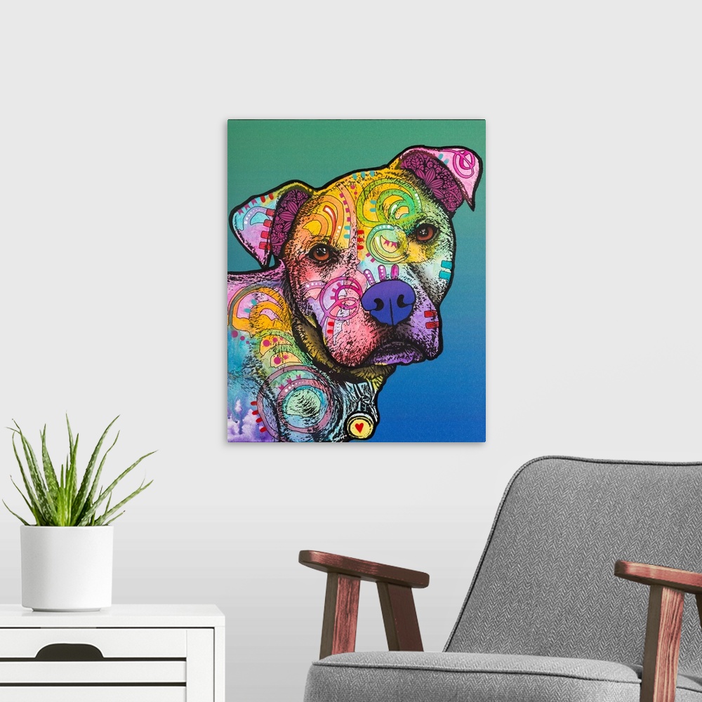 A modern room featuring Colorful illustration of a pit bull with abstract designs all over its body on a green and blue b...