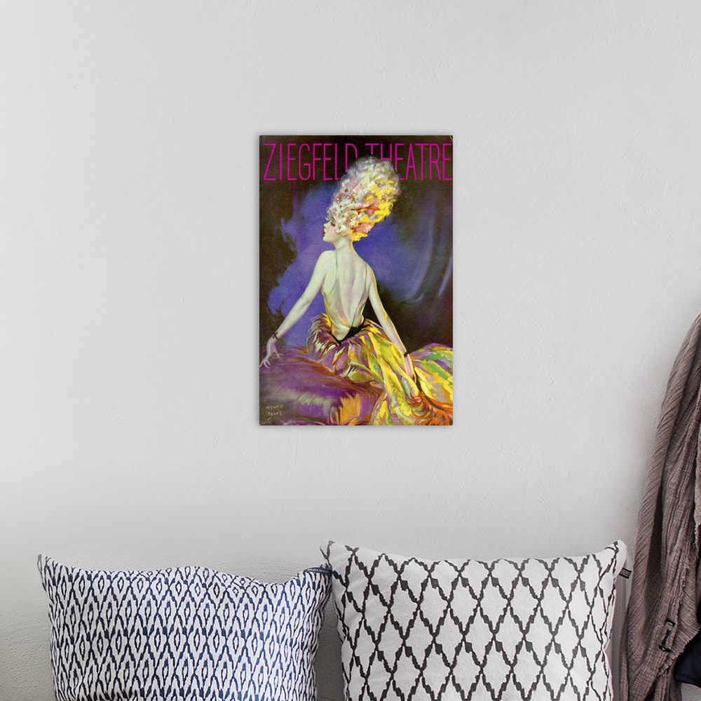 A bohemian room featuring Vintage poster advertisement for Ziegfeld Theatre.