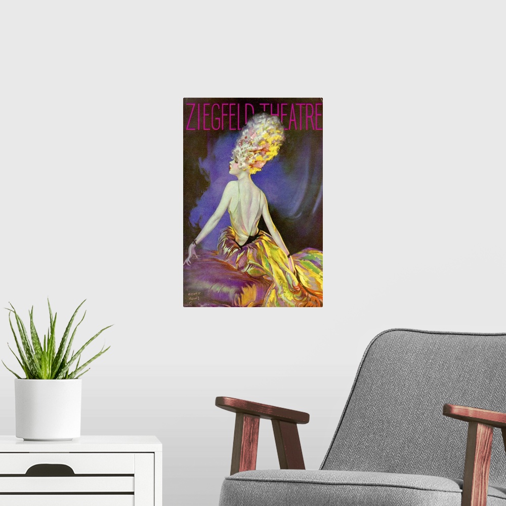A modern room featuring Vintage poster advertisement for Ziegfeld Theatre.
