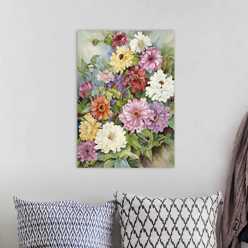 A bohemian room featuring Colorful contemporary painting of multi-colored zinnias.