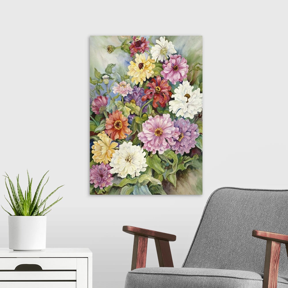 A modern room featuring Colorful contemporary painting of multi-colored zinnias.