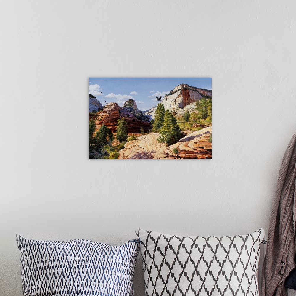 A bohemian room featuring Contemporary painting of a rocky desert landscape.