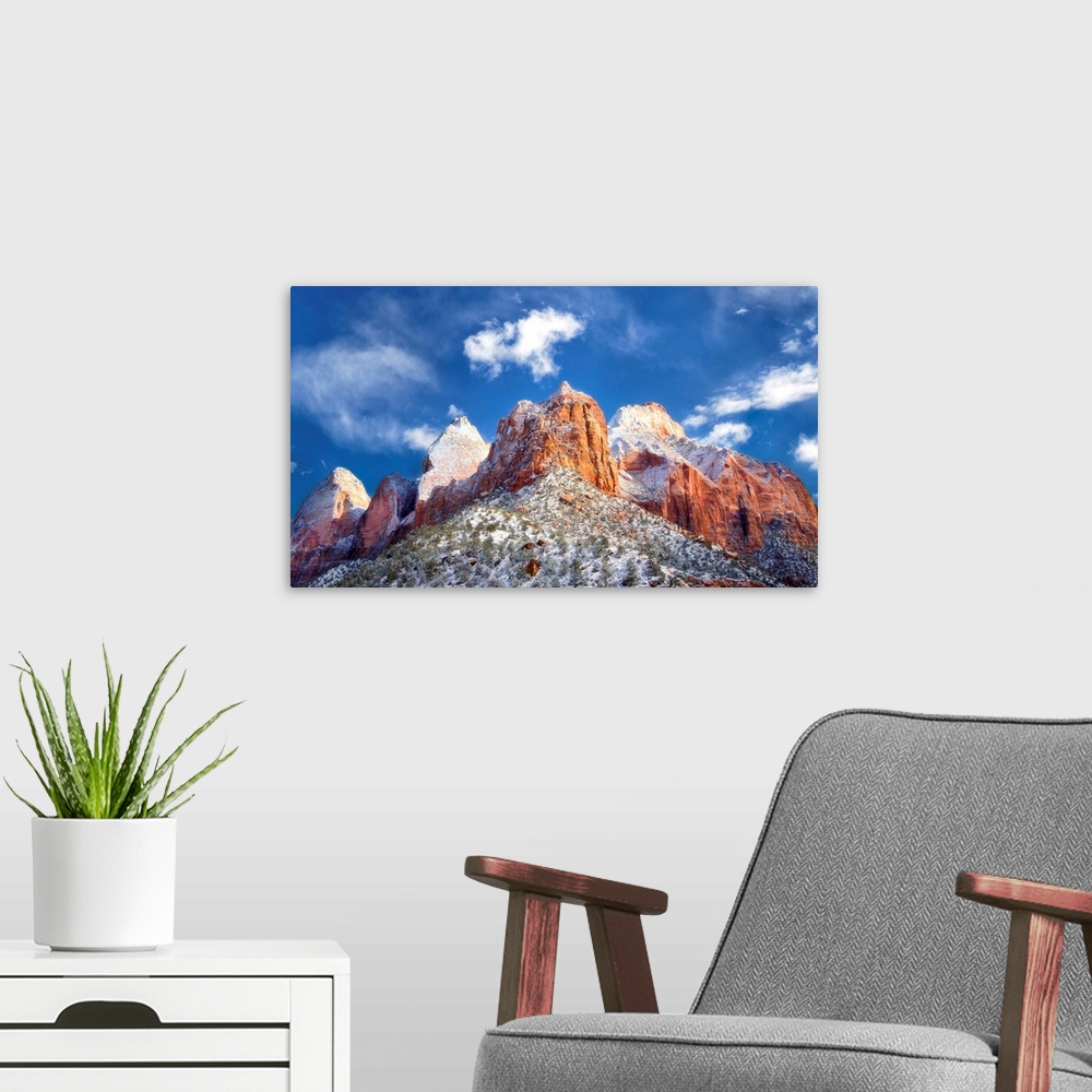 A modern room featuring Photograph of a mountainous rock formation Zion National Park in Utah.