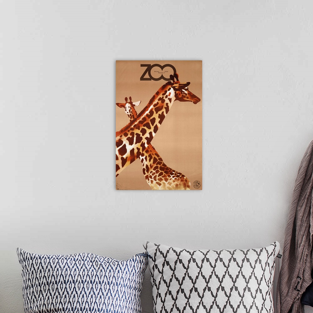 A bohemian room featuring Vintage advertisement for the Zoo with artwork of giraffes.