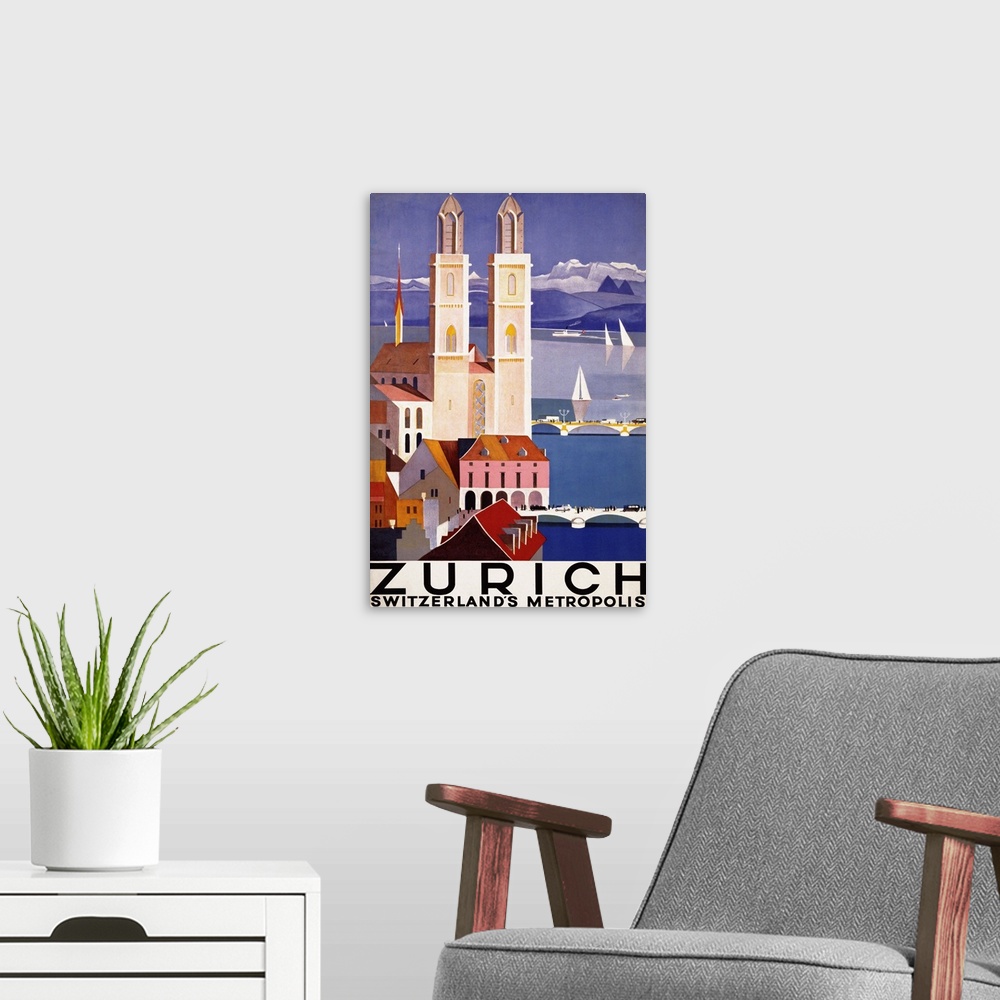 A modern room featuring Vintage poster advertisement for Zurich.