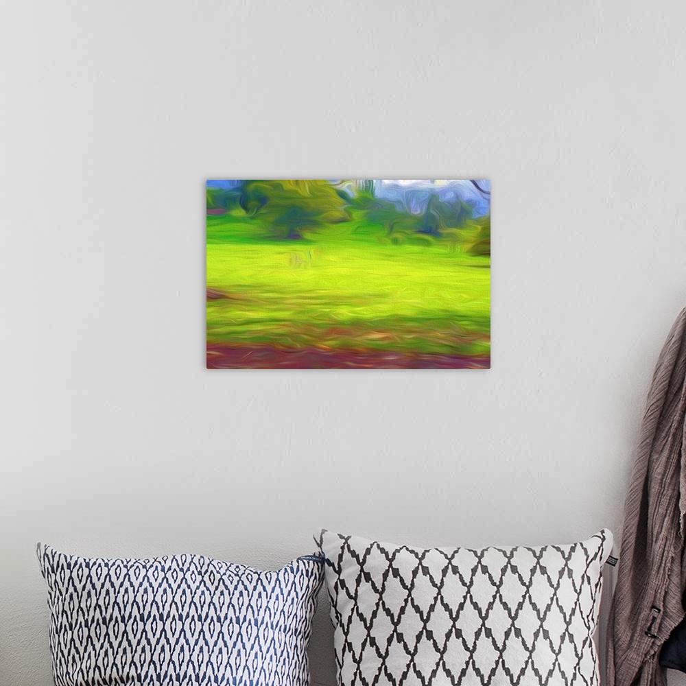 A bohemian room featuring Abstract photograph of a green field that has a painterly look.