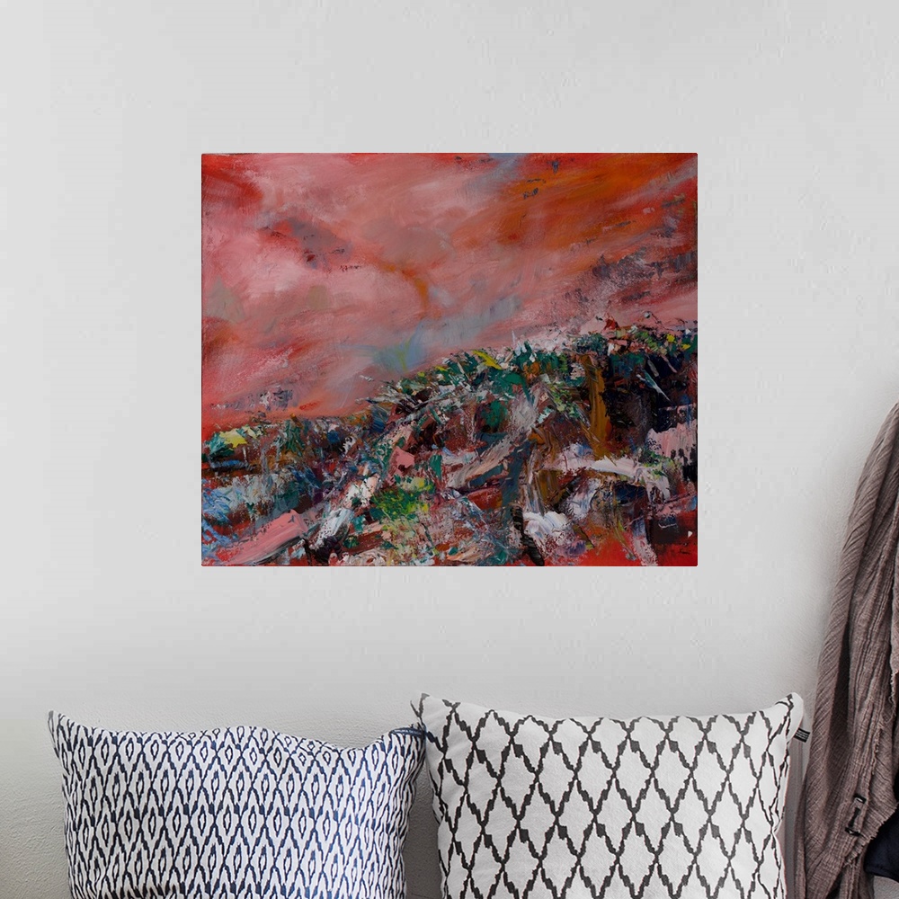 A bohemian room featuring An abstract painting of an emotive semi-monochrome landscape by the sea; setting a melancholic fe...