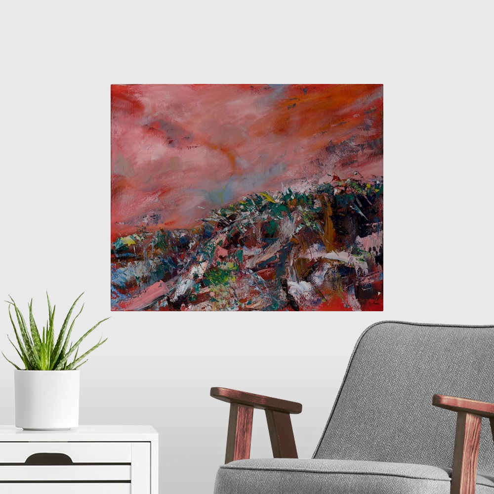 A modern room featuring An abstract painting of an emotive semi-monochrome landscape by the sea; setting a melancholic fe...