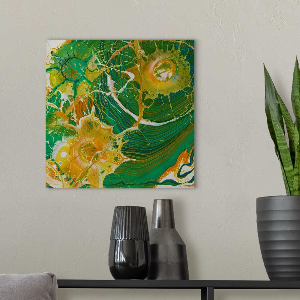 A modern room featuring Abstract pour painting in green and orange with the rippled effect and flowing shapes.