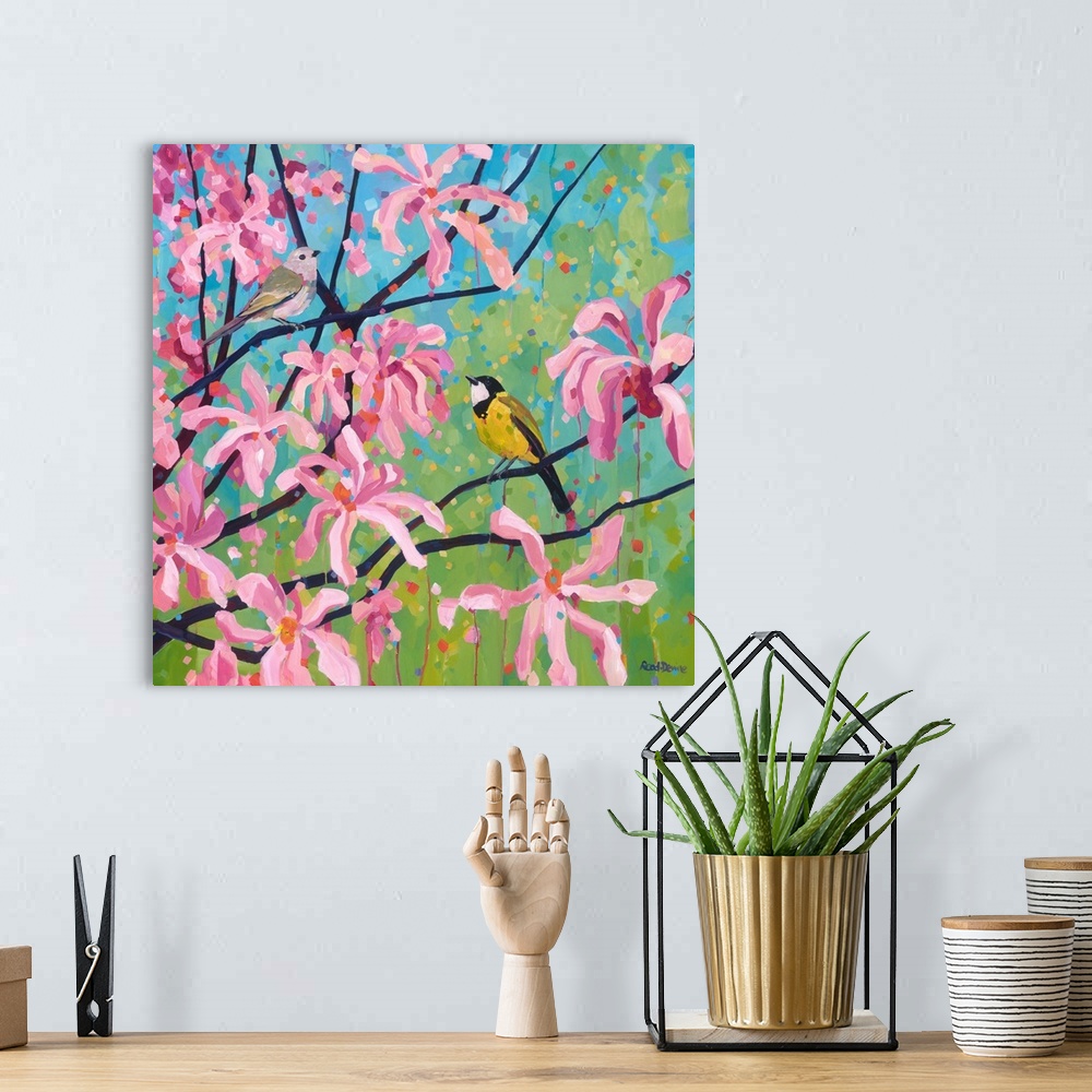 A bohemian room featuring Male and female birds sitting in branches of pink and white magnolia tree, painted with eye catch...