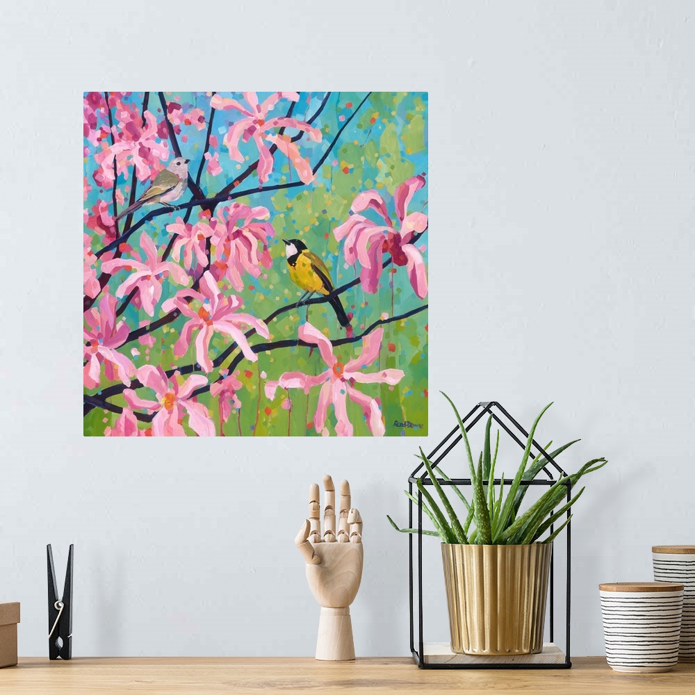 A bohemian room featuring Male and female birds sitting in branches of pink and white magnolia tree, painted with eye catch...