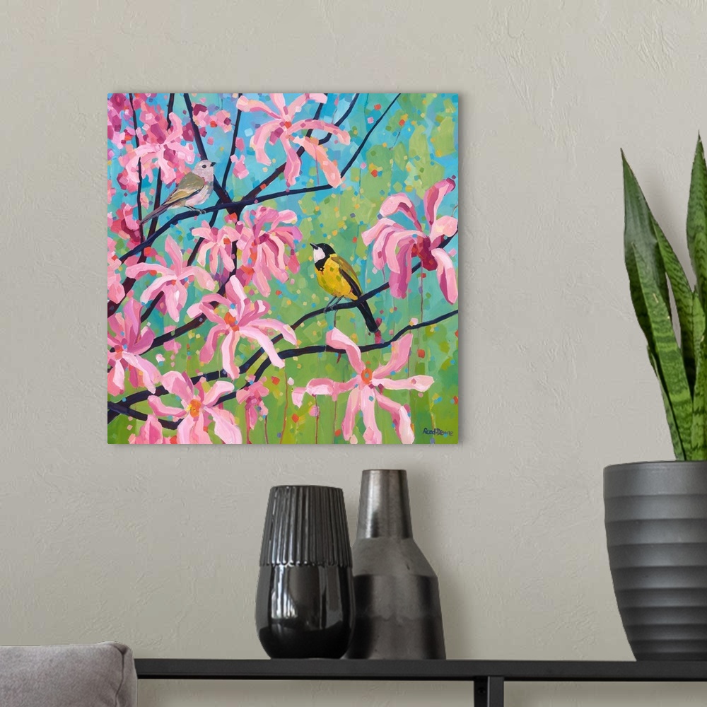 A modern room featuring Male and female birds sitting in branches of pink and white magnolia tree, painted with eye catch...