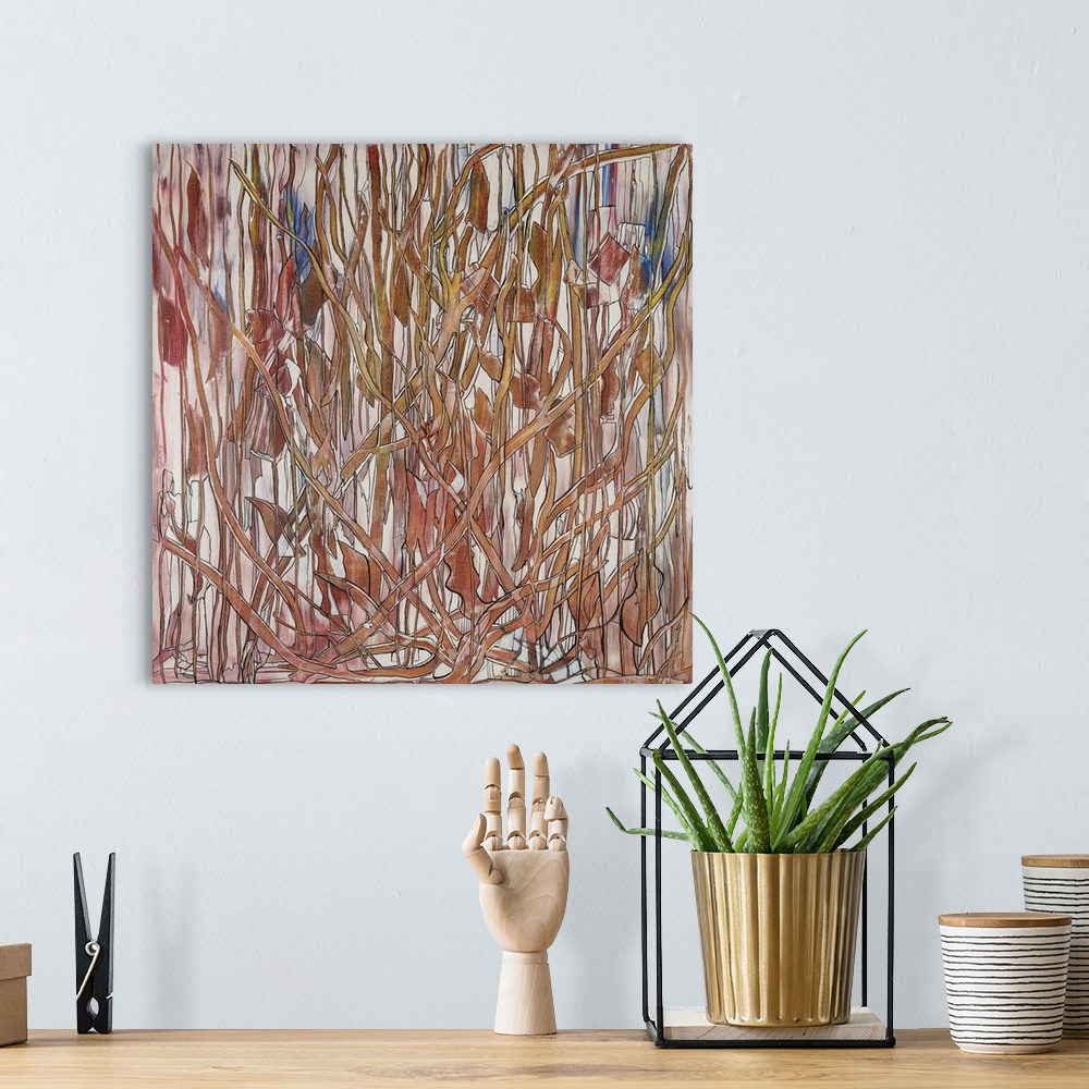 A bohemian room featuring Painting on paper of dense bracken in autumn tones.