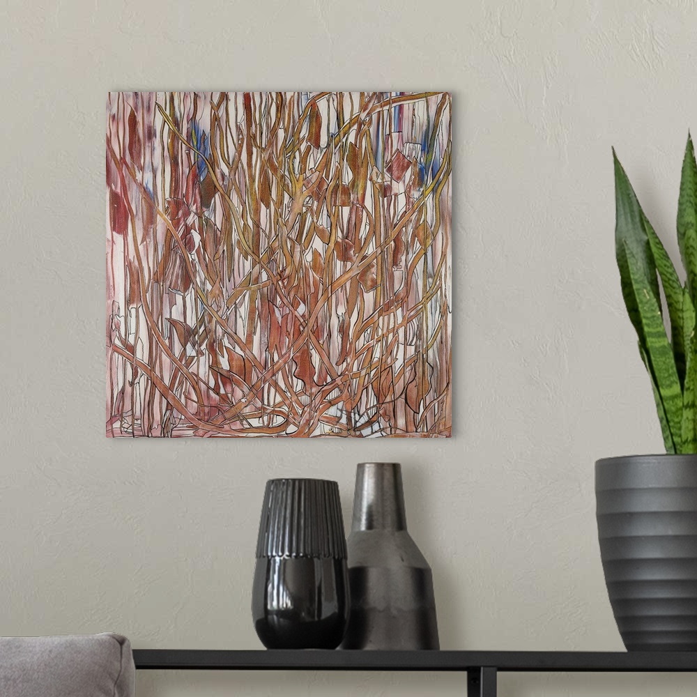 A modern room featuring Painting on paper of dense bracken in autumn tones.