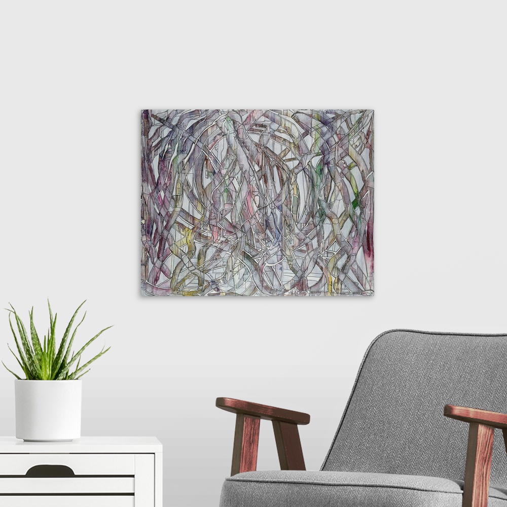 A modern room featuring Painting of the unseen system of trees in subtle tones.