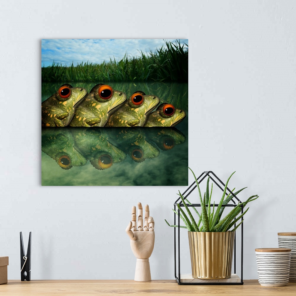 A bohemian room featuring A group of frogs is called an army! Here is an army of frogs.