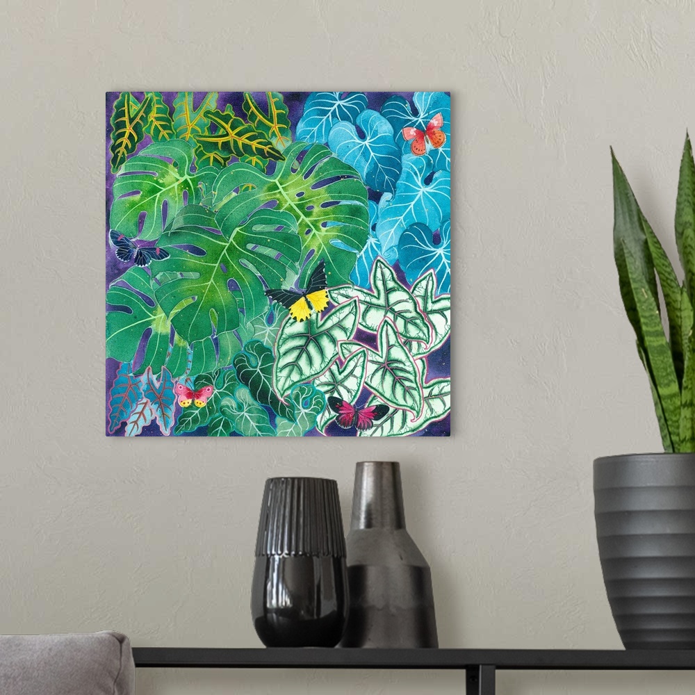 A modern room featuring A tropical arrangement of monstera and elephant ear leaves with tropical Asian butterflies.
