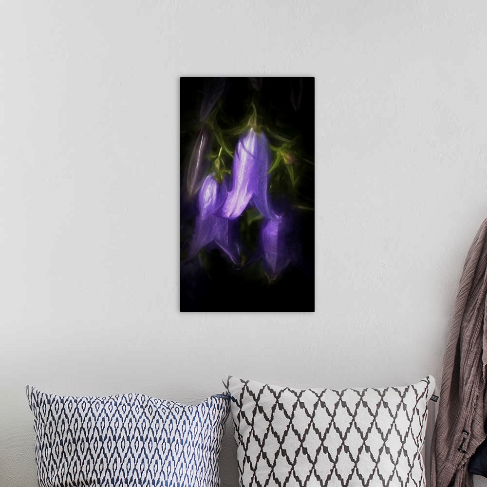 A bohemian room featuring Painterly photograph of bell shaped flowers.