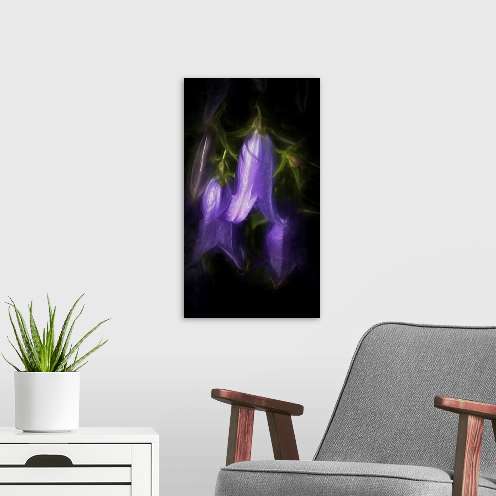 A modern room featuring Painterly photograph of bell shaped flowers.