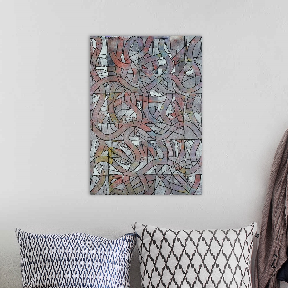A bohemian room featuring Painting of the aerial view of a serpent inspired by the dreaming.