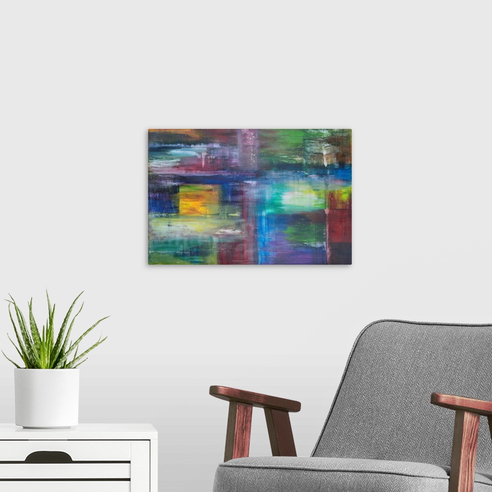 A modern room featuring Painting on paper of the sea and sky merging- no horizon.