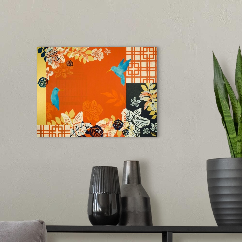 A modern room featuring Painting of two bluebirds a garden of orchids with orange background and screens.