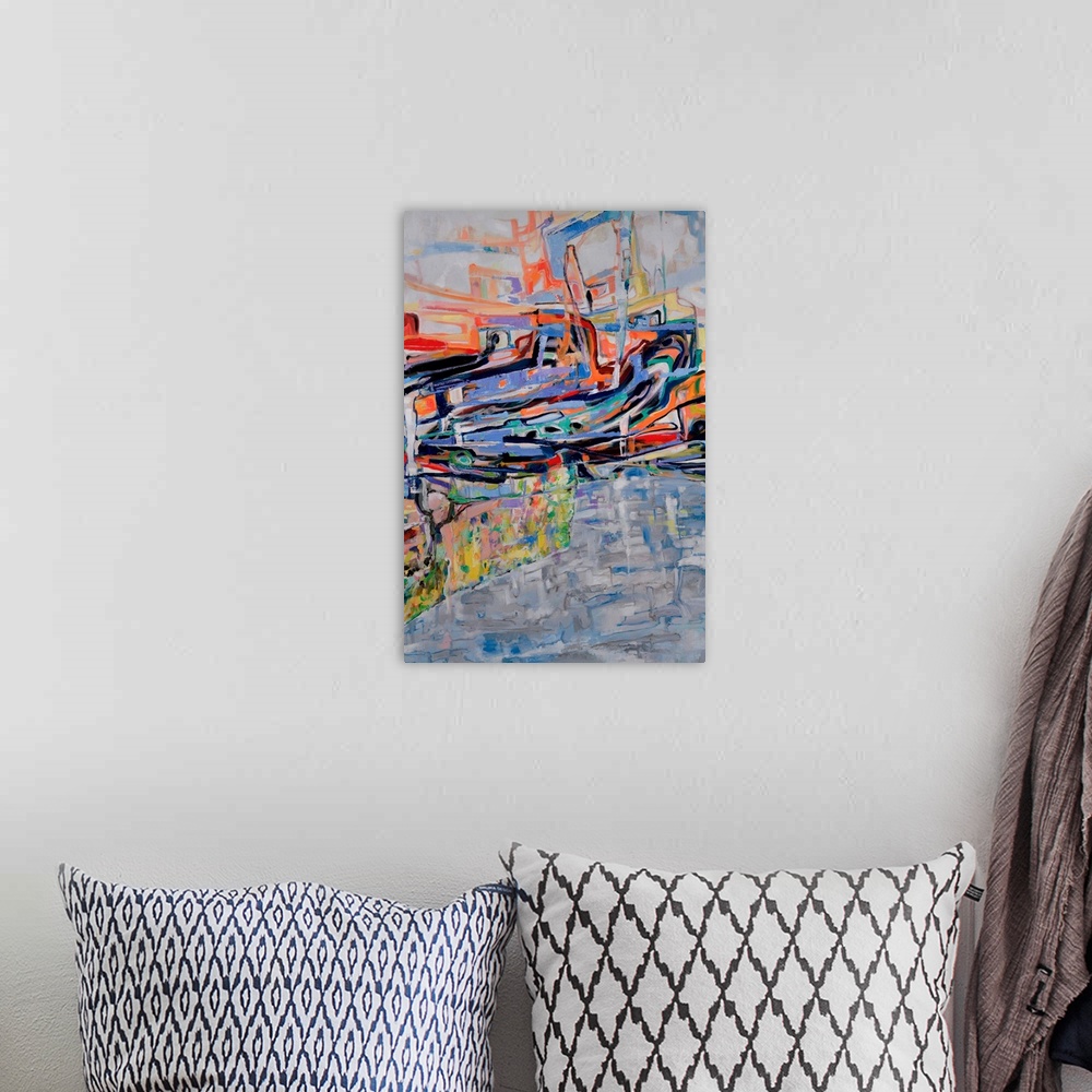 A bohemian room featuring An abstract painting inspired by the Australian landscape of a cool billabong nestled amongst rug...