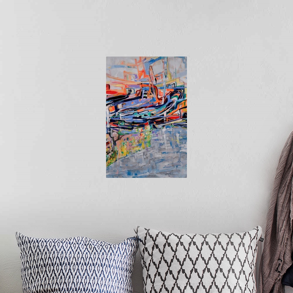 A bohemian room featuring An abstract painting inspired by the Australian landscape of a cool billabong nestled amongst rug...