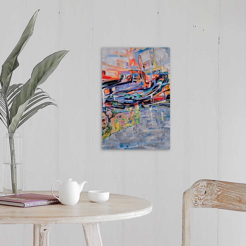 A farmhouse room featuring An abstract painting inspired by the Australian landscape of a cool billabong nestled amongst rug...